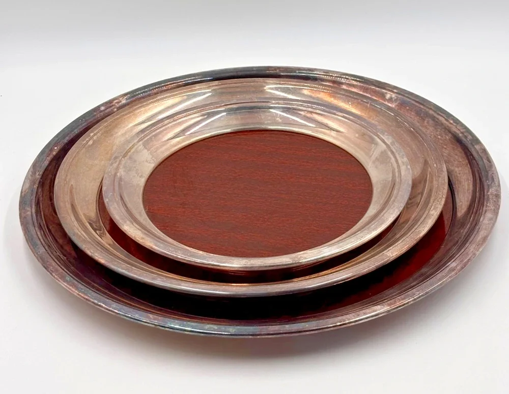 Vintage Crescent Silverplate Formica Coaster Set Wood Grain Bar Trays MCM